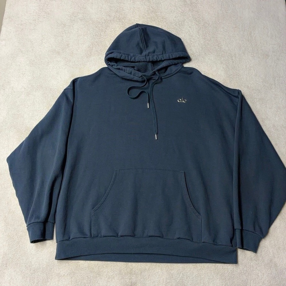Alo Yoga Accolade Hoodie Navy Blue Pullover Logo Sweatshirt Oversized Men's 2XL